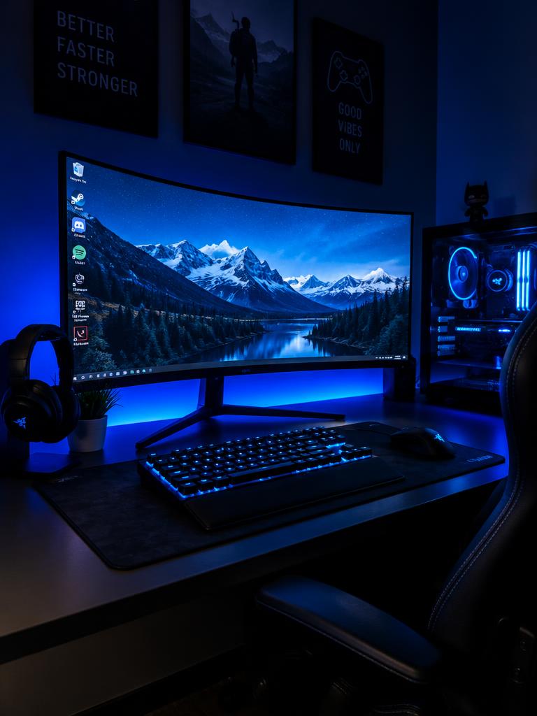 Setup gamer moderno con iluminación azul