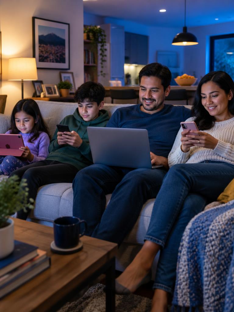 Familia en casa usando varios dispositivos